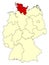 Yellow map of Germany with federal state Schleswig-Holstein isolated in red.