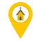 Yellow map pointer with church sign icon isolated