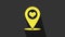 Yellow Map pointer with heart icon isolated on grey background. 4K Video motion graphic animation