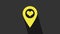 Yellow Map pointer with heart icon isolated on grey background. 4K Video motion graphic animation