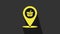 Yellow Map pointer with shopping basket icon isolated on grey background. Pin point shop and shopping. Supermarket