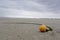Yellow marker buoy with trailing rope on a beach