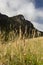 Yellow meadow countryside with a high andean peak and blue sky at background at sunny midday