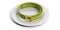 Yellow measure tape - belt on a plate. 3d illustration