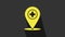 Yellow Medical map pointer with cross hospital icon isolated on grey background. 4K Video motion graphic animation