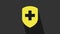 Yellow Medical shield with cross icon isolated on grey background. Protection, safety, password security. 4K Video