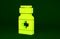 Yellow Medicine bottle and pills icon isolated on green background. Medical drug package for tablet, vitamin, antibiotic