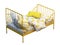 Yellow metal frame single children\\\'s bed with colorful linen. 3d render