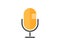 Yellow microphone icon. Voice recording tool. Musical instrument for broadcast or radio stream. Classic mic in flat design. Singer