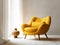 Yellow mid-century armchair against of window dressed with white curtain. Interior design of modern minimalist living room.