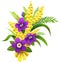 Yellow mimosa and violet flower bouquet on March 8