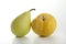 Yellow Mirabelle and Pear on white background