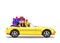 Yellow modern cartoon cabriolet car full of gift boxes isolated