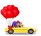 Yellow modern opened cartoon cabriolet car full of gift boxes