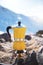 Yellow moka coffee pot winter mountains