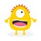 Yellow monster with one eye, teeth, tongue. Funny Cute cartoon character. Baby collection. Isolated. Happy Halloween card. Flat de