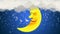 Yellow moon cartoon sleeping zzz on sky, falling stars, night fantasy, animation background.