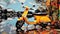 Yellow Moped Canvas Painting With Sparkling Water Reflections