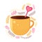 Yellow mug with hot chocolate or coffee with a pink spoon in the shape of a heart. Warming winter drink in vector. Cute cartoon