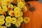 Yellow mum bursting with blooms alongside a bright orange pumpkin.