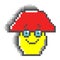 Yellow mushroom with red hat in pixel style with eyes and smile