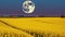 Yellow mustard field landscape industry of agriculture with full moon - Elements of this image furnished by NASA. Generative AI