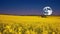 Yellow mustard field landscape industry of agriculture with full moon. Generative AI