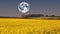 Yellow mustard field landscape industry of agriculture with full moon. Generative AI