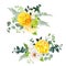 Yellow mustard hydrangea, peony, white iris, spring garden flowers, eucalyptus, greenery