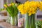 Yellow narcissuses bouquet in a glass vase