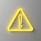 Yellow neon light hazard warning attention sign with exclamation mark symbol isolated on dark white wall