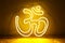 Yellow neon sign OM. Om symbol glow background. Hindu religion. Trendy style