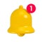 Yellow notification bell with one notification. Concept of new notification for social media reminder. 3d rendering