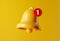 Yellow notification message bell on yellow background. 3D render.