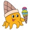 The yellow octopus is carrying an ice cream cone ready to eat, doodle icon image kawaii