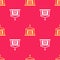 Yellow Old crypt icon isolated seamless pattern on red background. Cemetery symbol. Ossuary or crypt for burial of