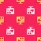 Yellow Online education and graduation icon isolated seamless pattern on red background. Online teacher on monitor