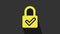 Yellow Open padlock and check mark icon isolated on grey background. Cyber security concept. Digital data protection