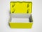 Yellow open portable refrigerator for drinks on the beach 3d render on gray background with shadow