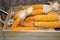 Yellow orange corn for animals in wood box