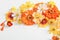 Yellow and orange flowers on white background