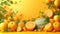 Yellow orange fruits vegetables arranged textured yellow background, highlighting freshness variety healthy foods