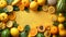 Yellow orange fruits vegetables arranged textured yellow background, highlighting freshness variety healthy foods