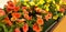 Yellow and orange petunia or calibrachoa flowers.