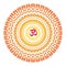 Yellow orange tracery openwork elegant mandala on a white background. Aum / Om / Ohm sign in a centre.