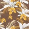 Yellow orchids, exotic grey ficus and tropical leaves. Seamless abstract tropical pattern.