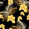 Yellow orchids, exotic yellow tropical leaves. Seamless pattern.