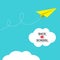 Yellow origami paper plane dash line track with loop in the sky. Back to school text in white cloud. Flat design. Blue