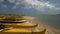 Yellow outrigger canoes at Hawaii Kai on Oahu