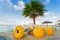 Yellow paddle boats on the coast of Persian Gulf